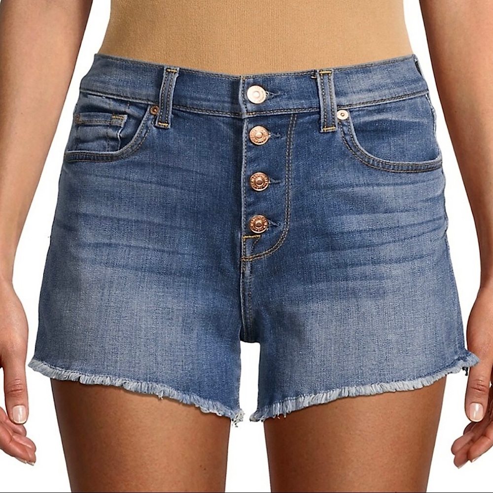 7 For All Mankind High Rise Exposed Button Fly Frayed Raw Hem Denim Shorts NWOT
